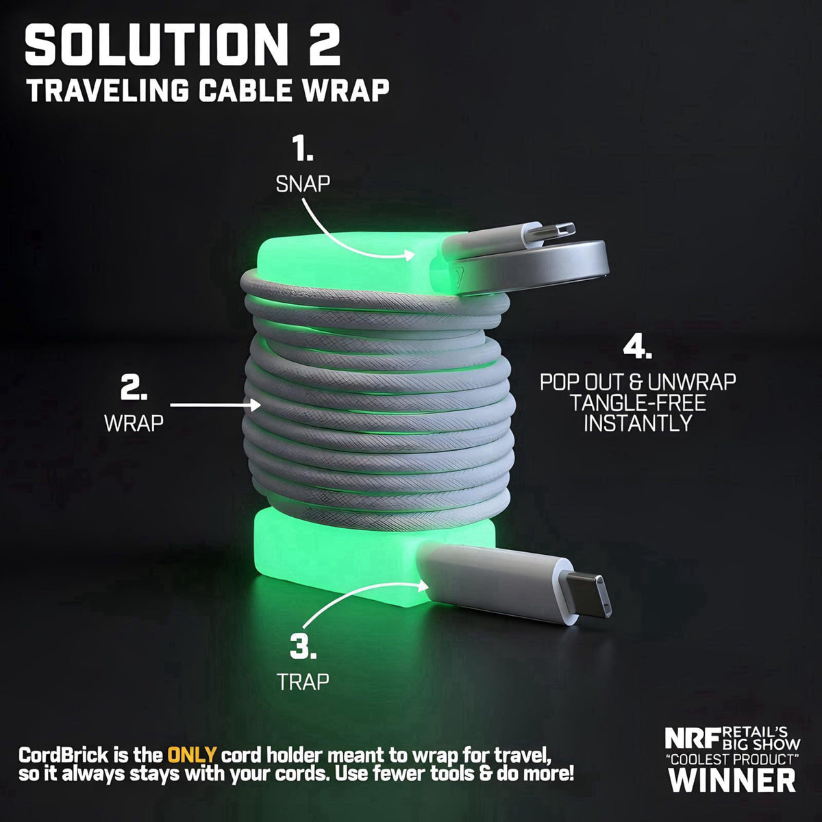 CordBrick Weighted Cord Holder for Nightstand & Desk, Lemon Glow 1 Pack – packaging and label