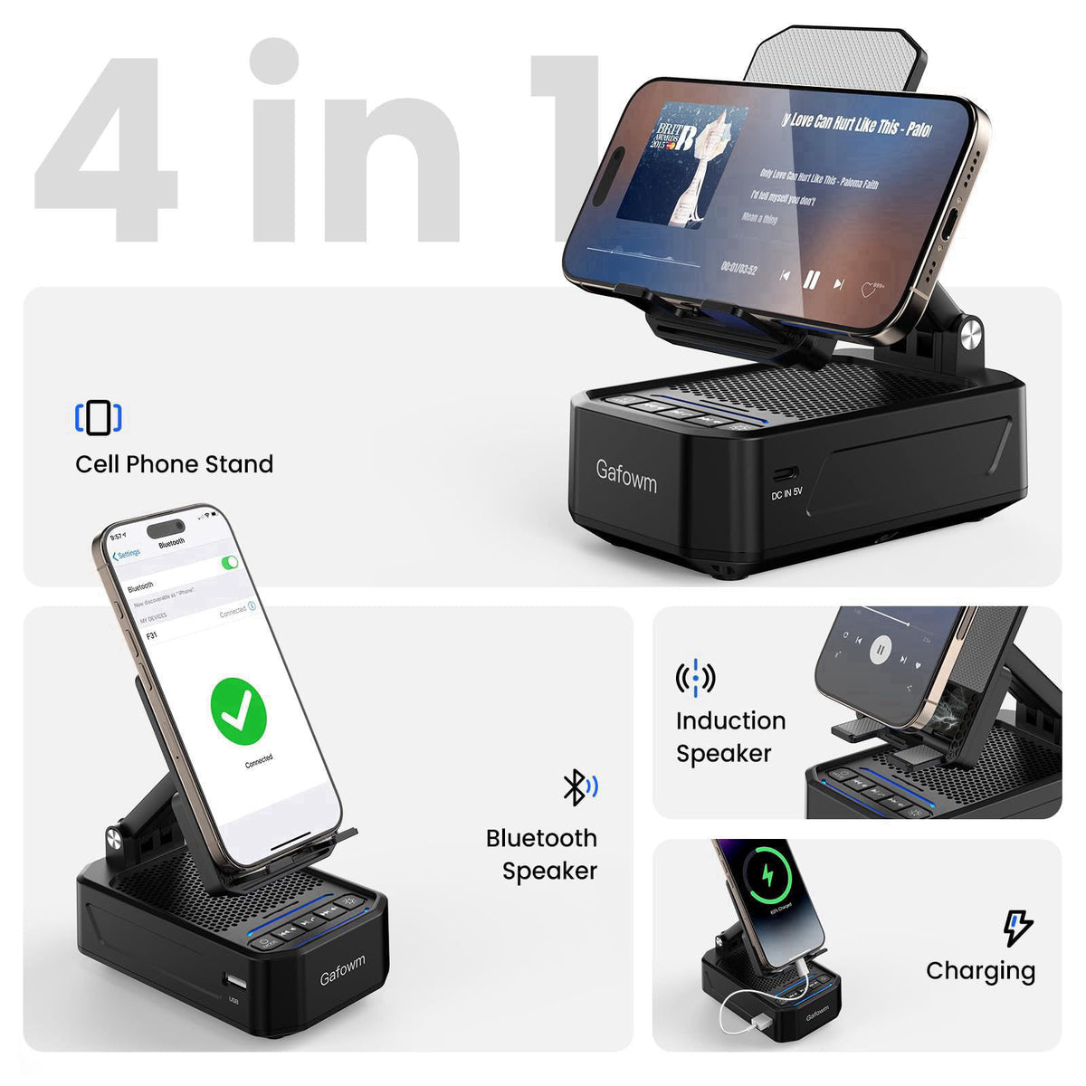 Gafowm Wireless Induction Speaker with Phone Stand, tech Gifts for Men – close-up detail