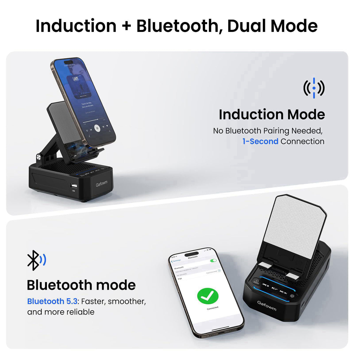 Gafowm Wireless Induction Speaker with Phone Stand, tech Gifts for Men – packaging and label