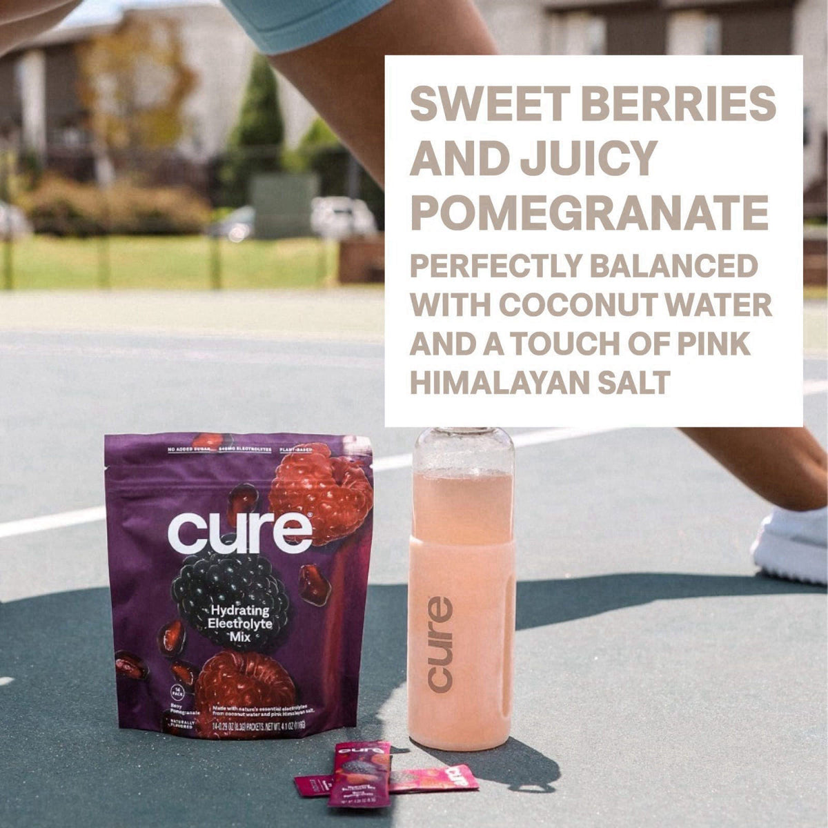 Cure Hydration - Electrolyte Drink Powder Berry Pomegranate 14 Packets – back view and specifications
