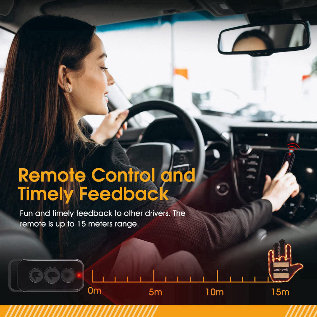 Bicboz Car Finger Light with Remote - Give The Bird & Wave & Love to Drivers – back view and specifications