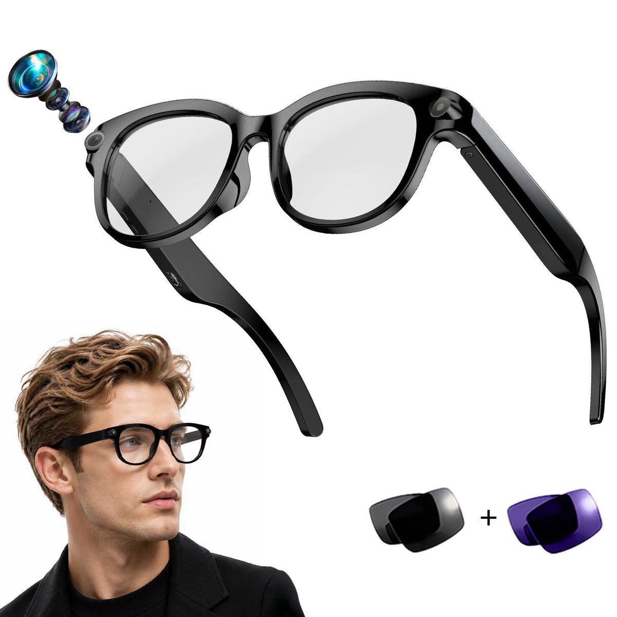 OnsetGizmo Smart Camera Glasses – 8MP Video Recording Sunglasses with 3 Interchangeable Lenses, HD Photos & Videos, AI T