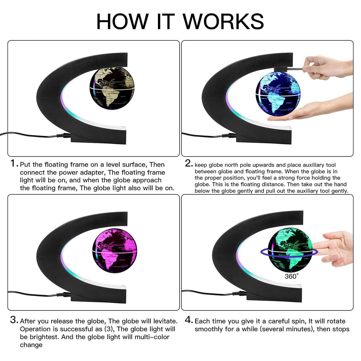 Gresus MultiColor Changing Magnetic Levitation Floating World Map Globe, Floating Globe with LED Lights, Great Fathers S