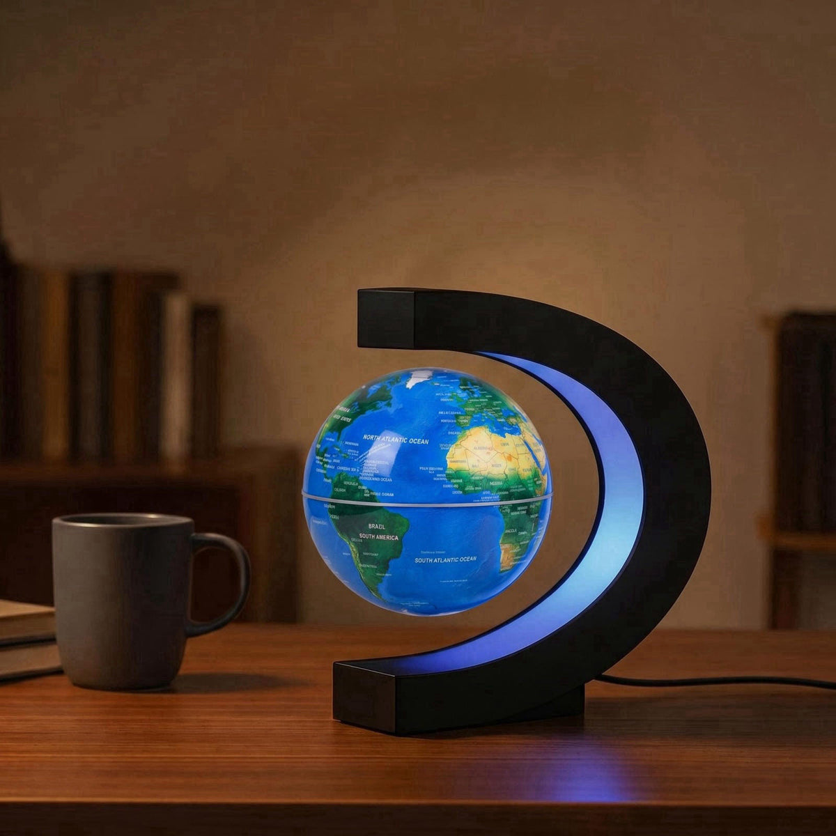 KAIMC Magnetic Levitation Floating Rotating World Globe with LED Frame Lights, C Shape Levitating Globe, Touch Switch Ni