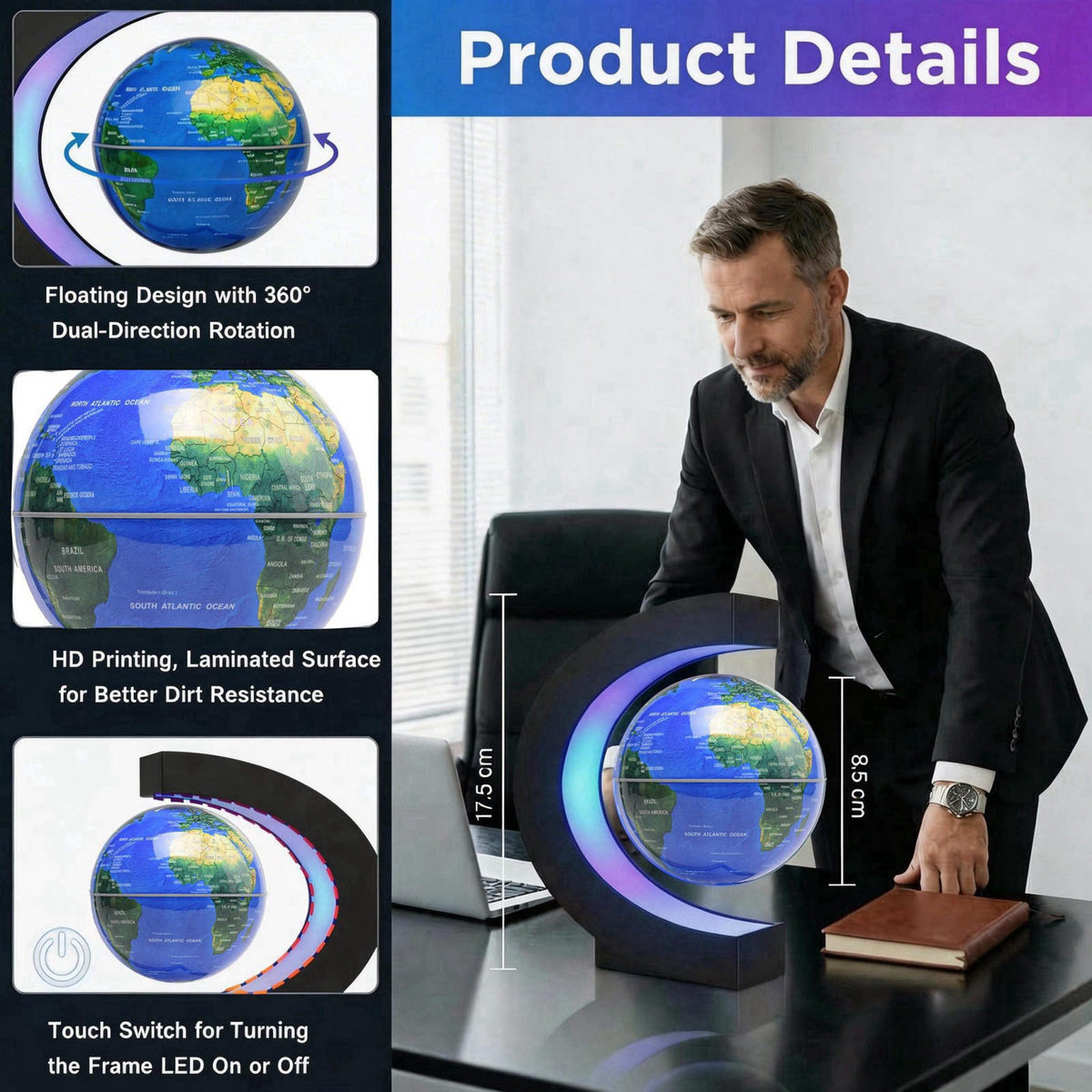 KAIMC Magnetic Levitation Floating Rotating World Globe with LED Frame Lights, C Shape Levitating Globe, Touch Switch Ni