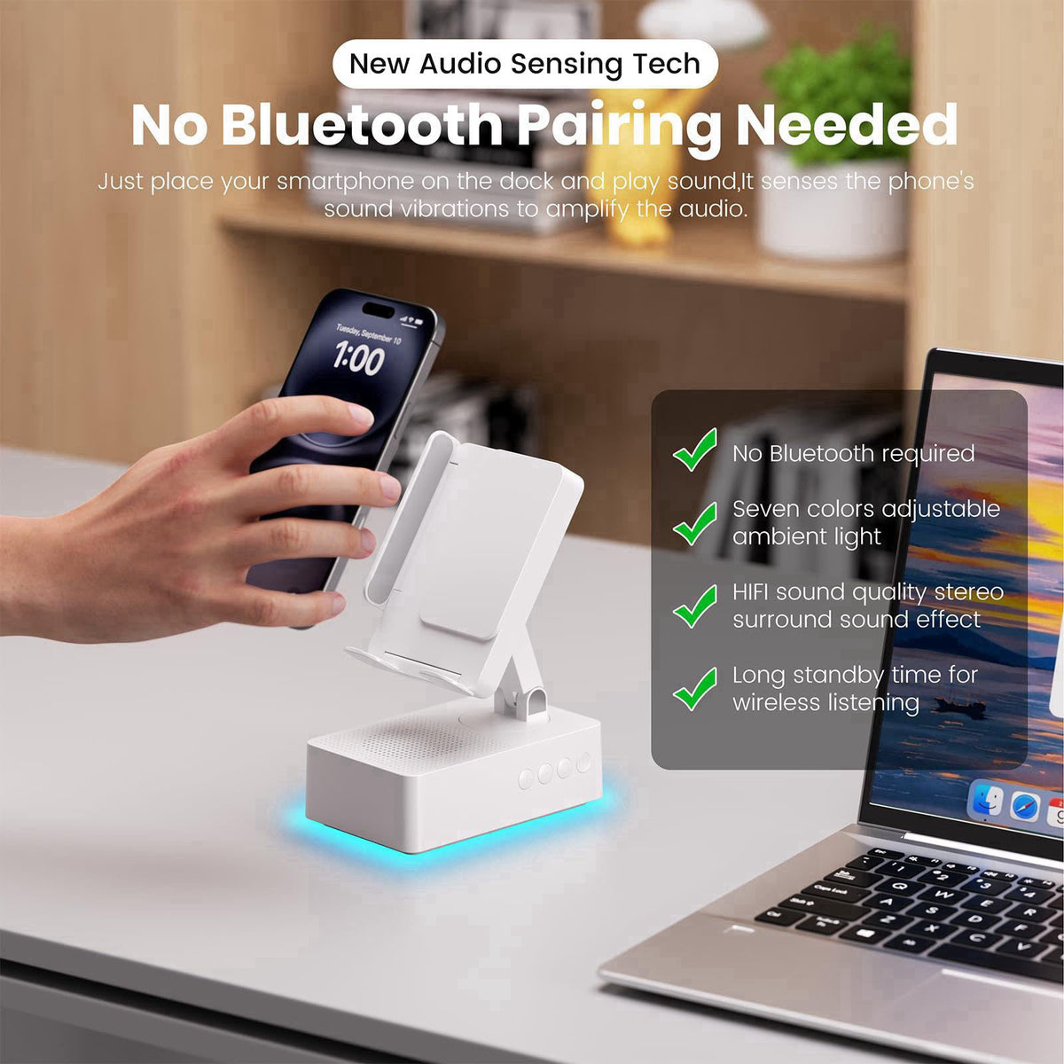 DBHBAODZI Wireless Sensor Speaker, Colorful LED Ambient Light; Foldable and Adjustable Phone Holder, Compatible with iPh