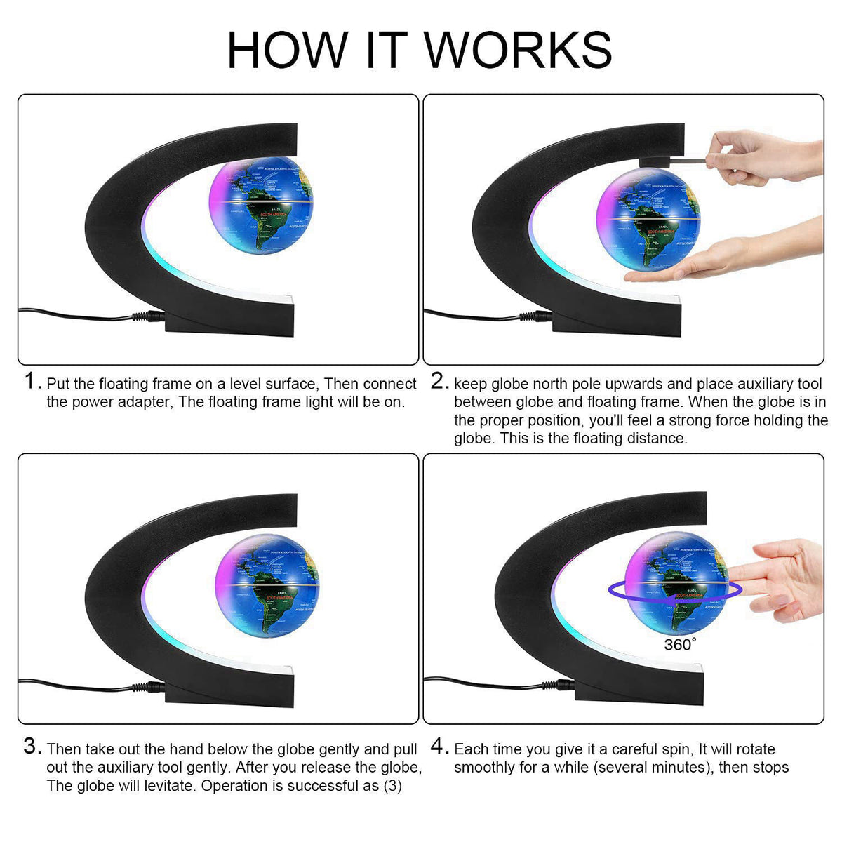 Gresus Magnetic Levitating Floating World Map Globe, C Shape Display Frame with LED Lights, Cool Tech Home Office Desk G