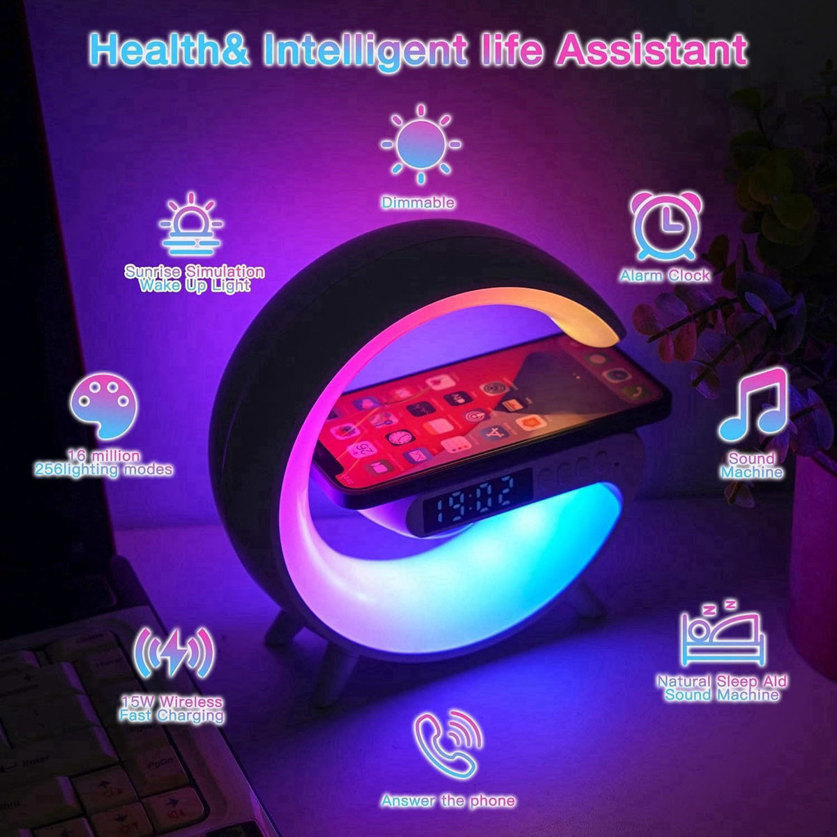 LeeNabao 2025 New Wireless Speaker Charger,Atmosphere Bedside Light with Wireless Charging Station,Music Lit Lamp 4 in 1