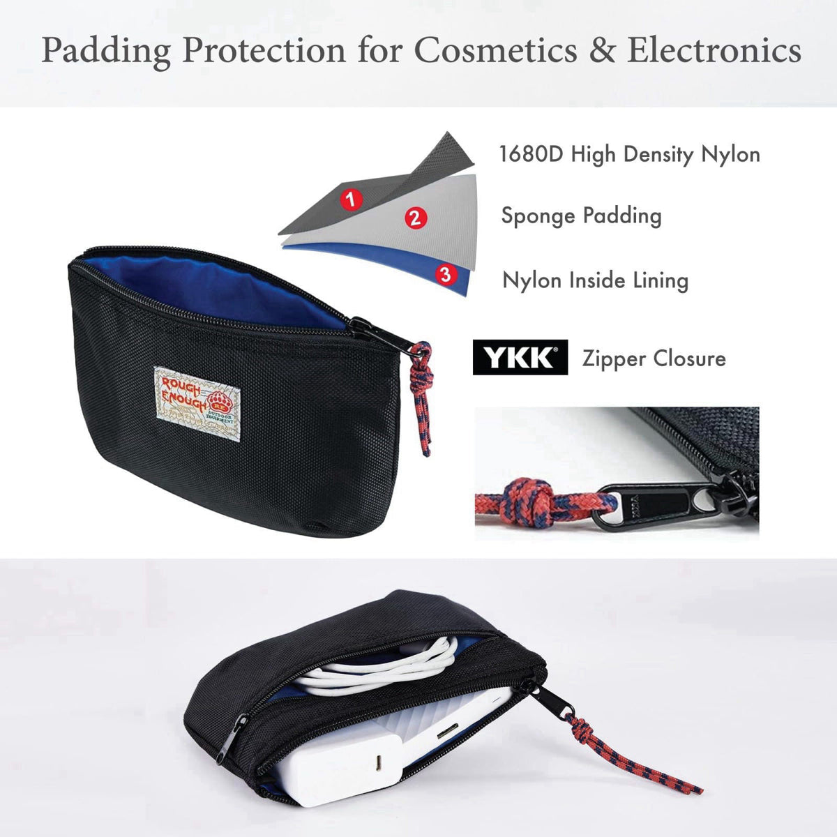 RE ROUGH ENOUGH Rough Enough Small Tech Storage Pouch EDC Travel Cable Organizer, Black – packaging and label