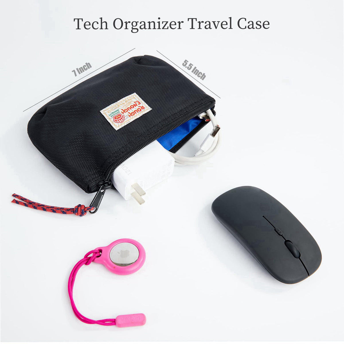 RE ROUGH ENOUGH Rough Enough Small Tech Storage Pouch EDC Travel Cable Organizer, Black – full view