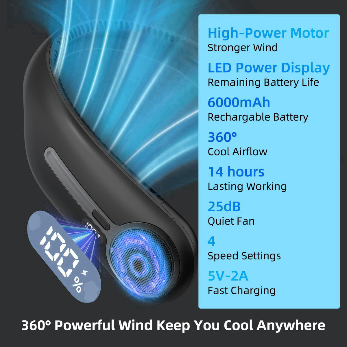 Kinhowly Portable Neck Fan, Personal Wearable Bladeless Fan, 6000mAh USB Rechargeable, 360° Airflow, LED Display, 4-Spee