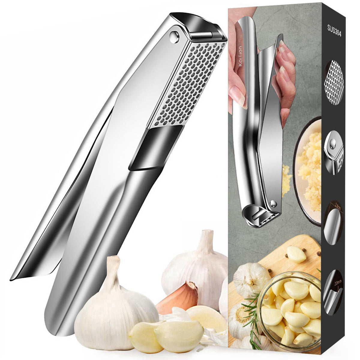 KAITION Stainless Steel Garlic Press, Garlic Crusher, Dishwasher Safe – product photo (Garlic Presses)
