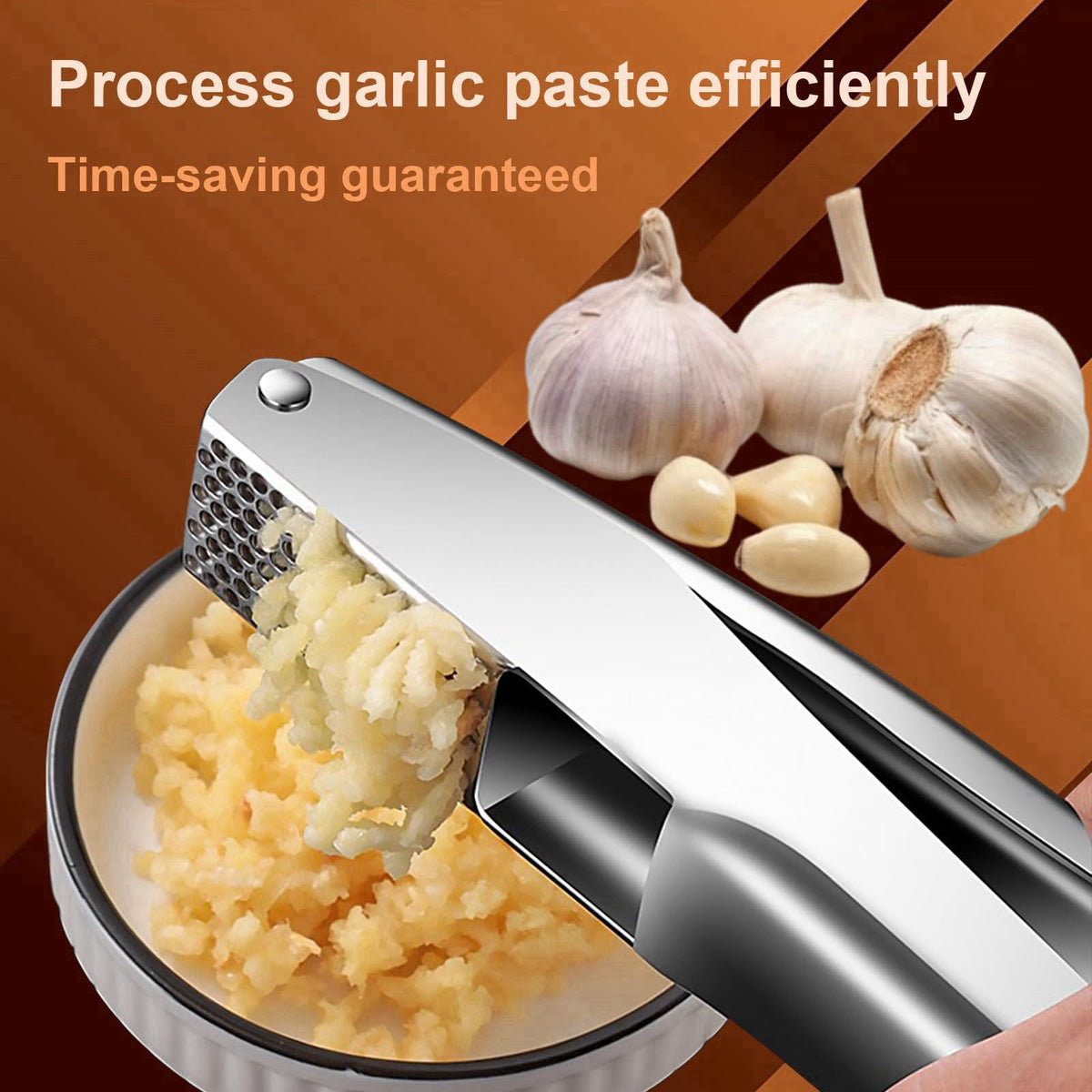 KAITION Stainless Steel Garlic Press, Garlic Crusher, Dishwasher Safe – packaging and label