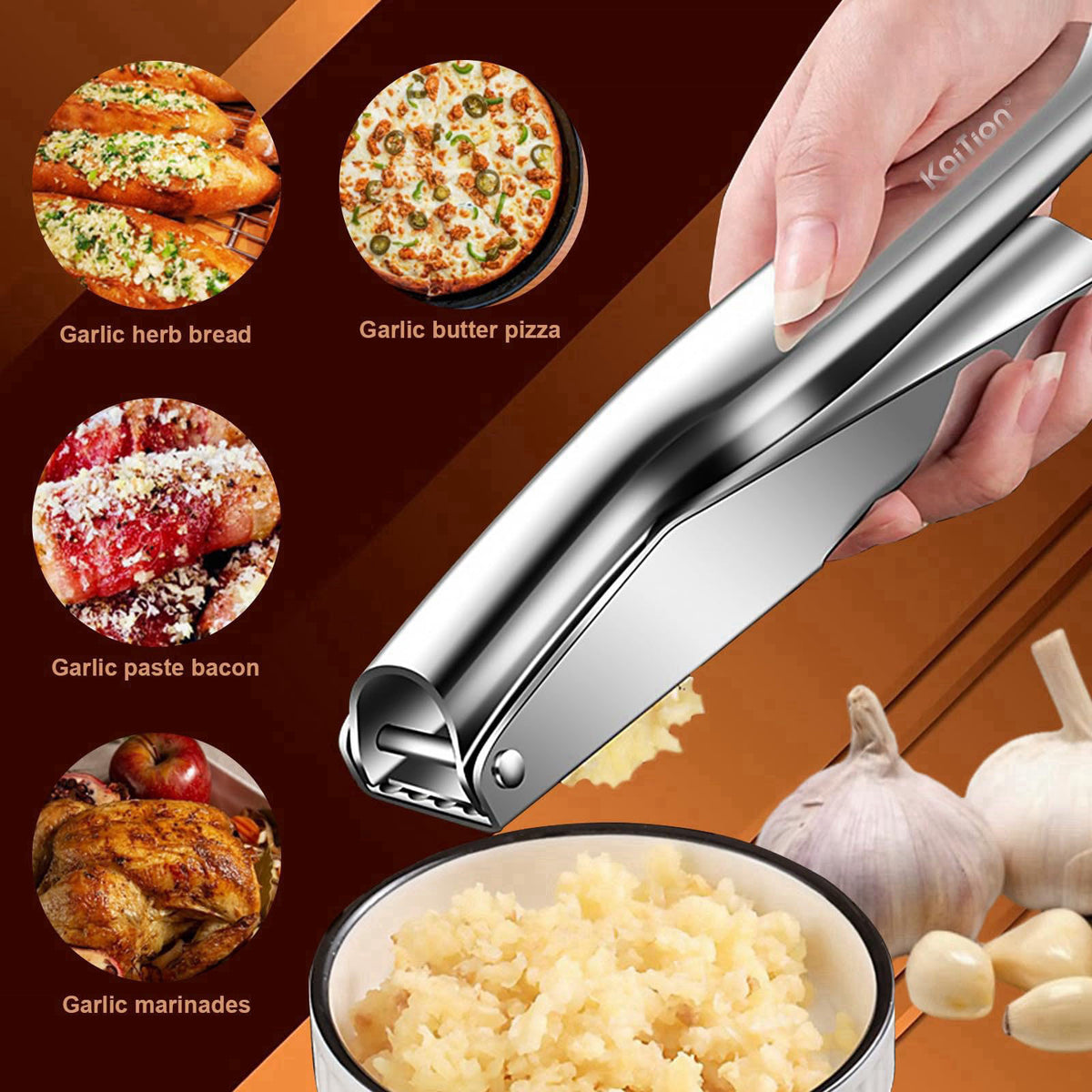 KAITION Stainless Steel Garlic Press, Garlic Crusher, Dishwasher Safe – back view and specifications
