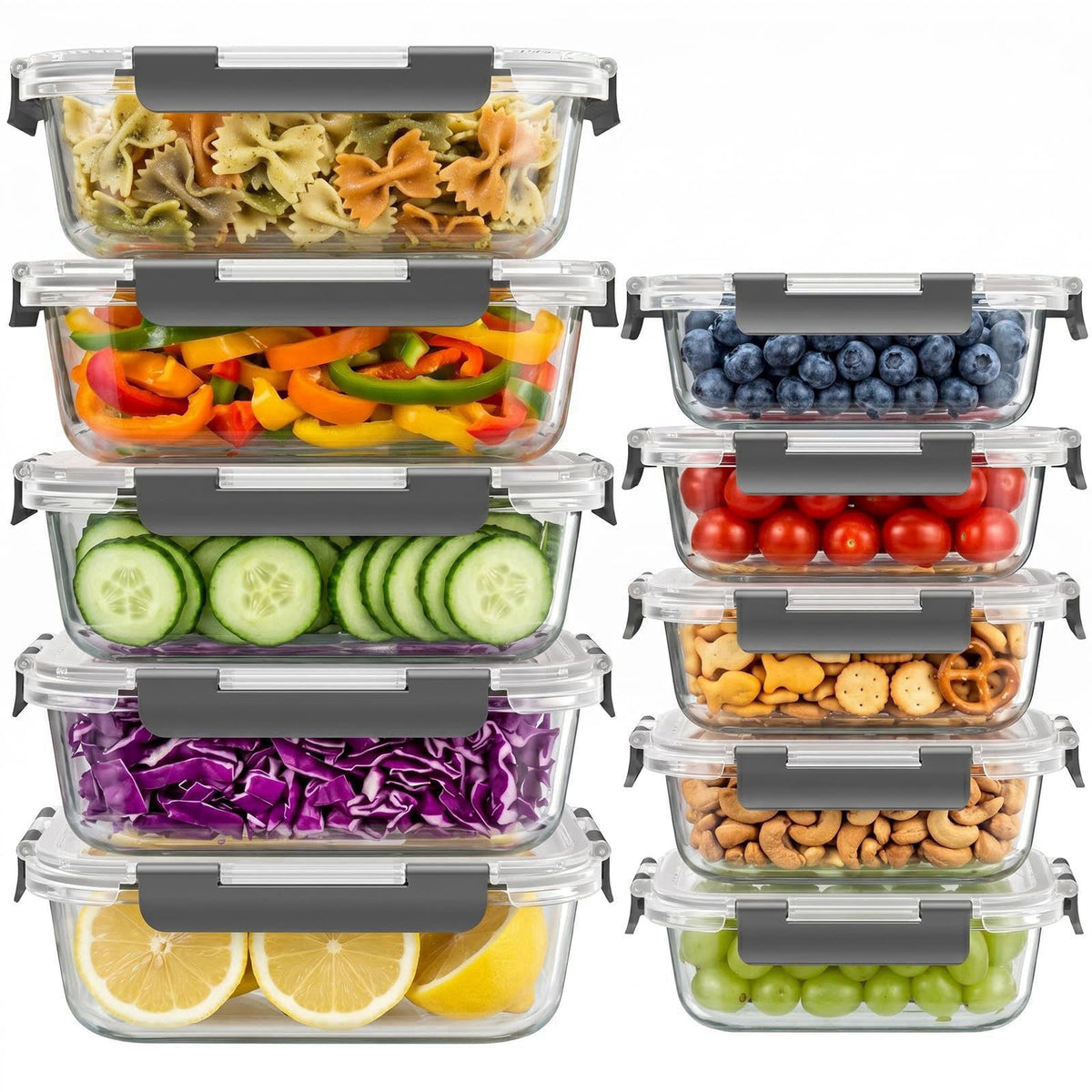 Dealusy 10 Sets 36 oz & 12 oz Glass Food Storage Containers with lids, Gray – product photo (Containers)