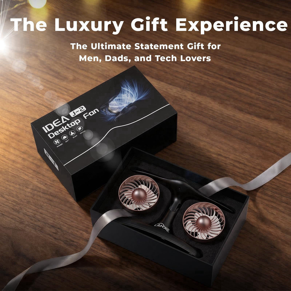 LAMJIE Jet Engine Desk Fan for Office, Rechargeable Table Fan Gift for Men – packaging and label