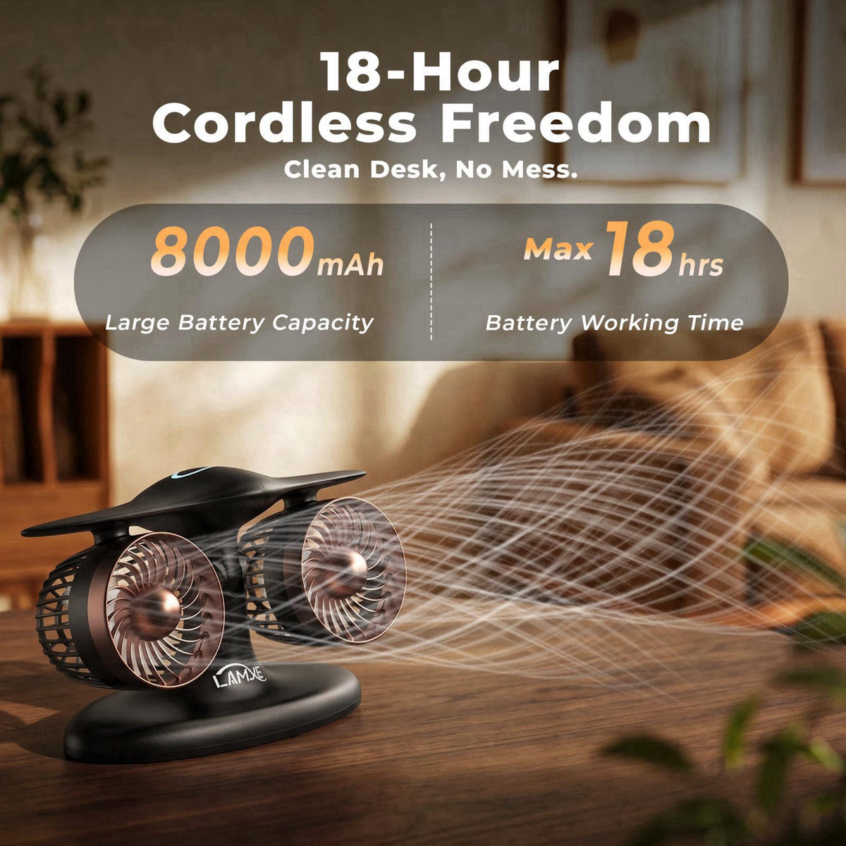 LAMJIE Jet Engine Desk Fan for Office, Rechargeable Table Fan Gift for Men – full view