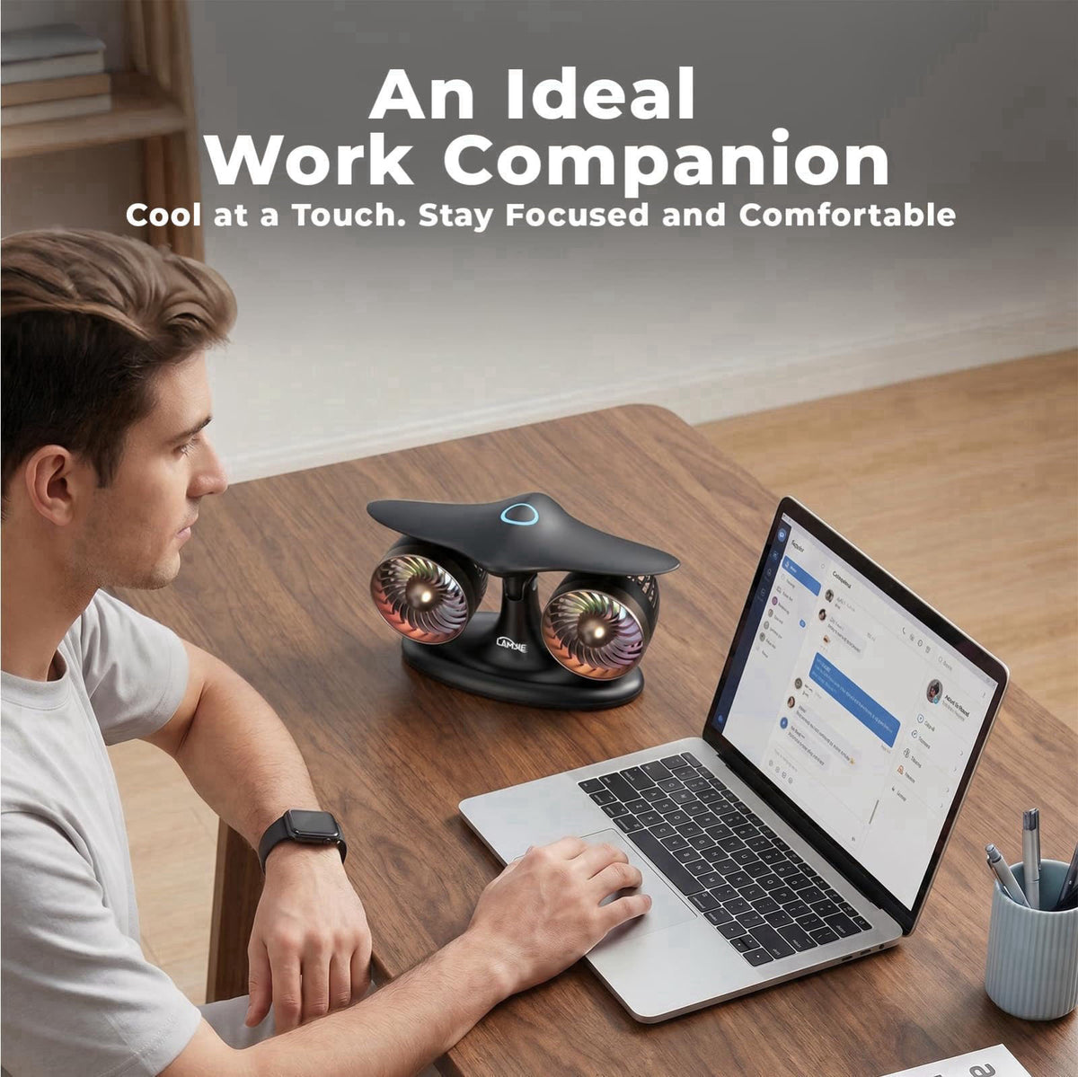 LAMJIE Jet Engine Desk Fan for Office, Rechargeable Table Fan Gift for Men – back view and specifications