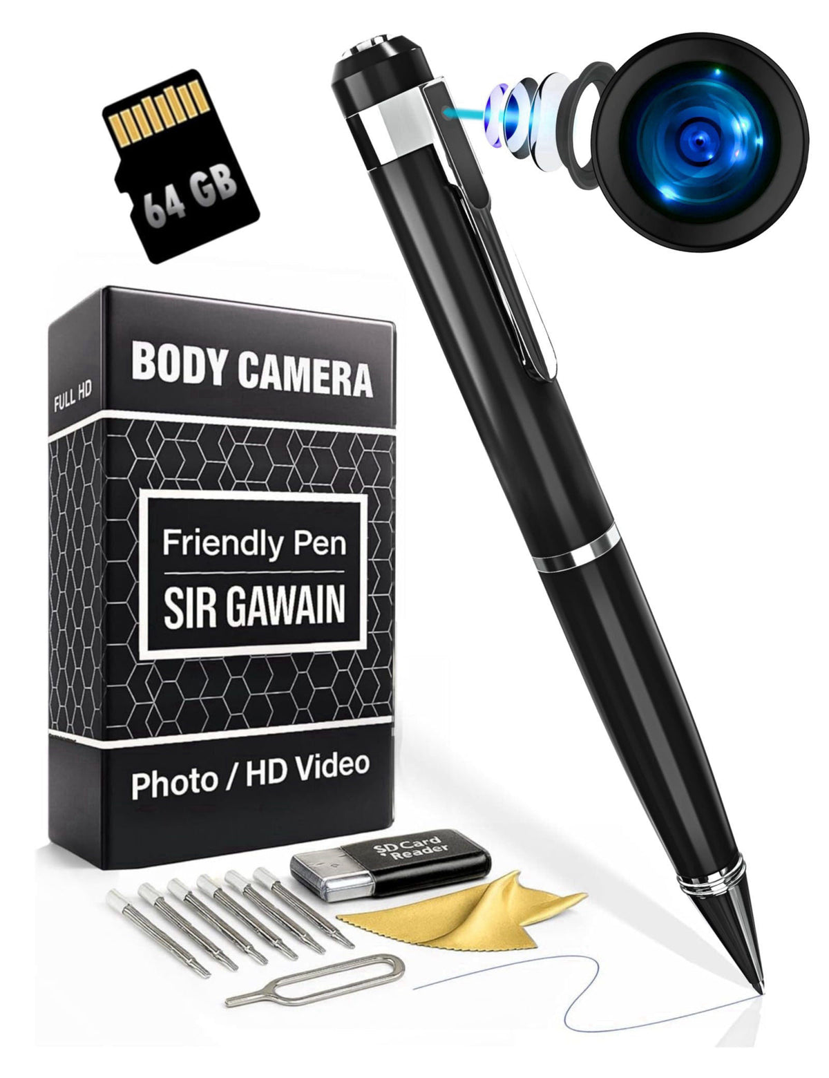 SIRGAWAIN Premium Body Camera Pen — Full HD 1080p Video & Photos, 70-Min Battery, Motion Detection, One-Button Control, 