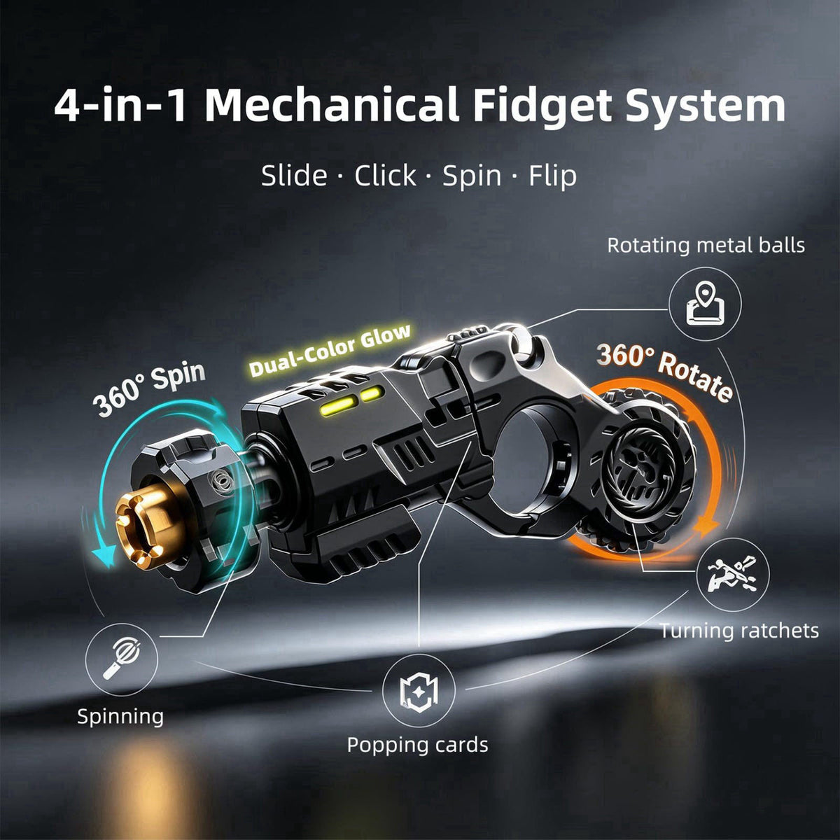 Bastseller Metal Fidget Toy for Adults – 5-in-1 Gun Shaped EDC Fingertip Toy with Slider, Clicker, Spinner & Bullet Laun