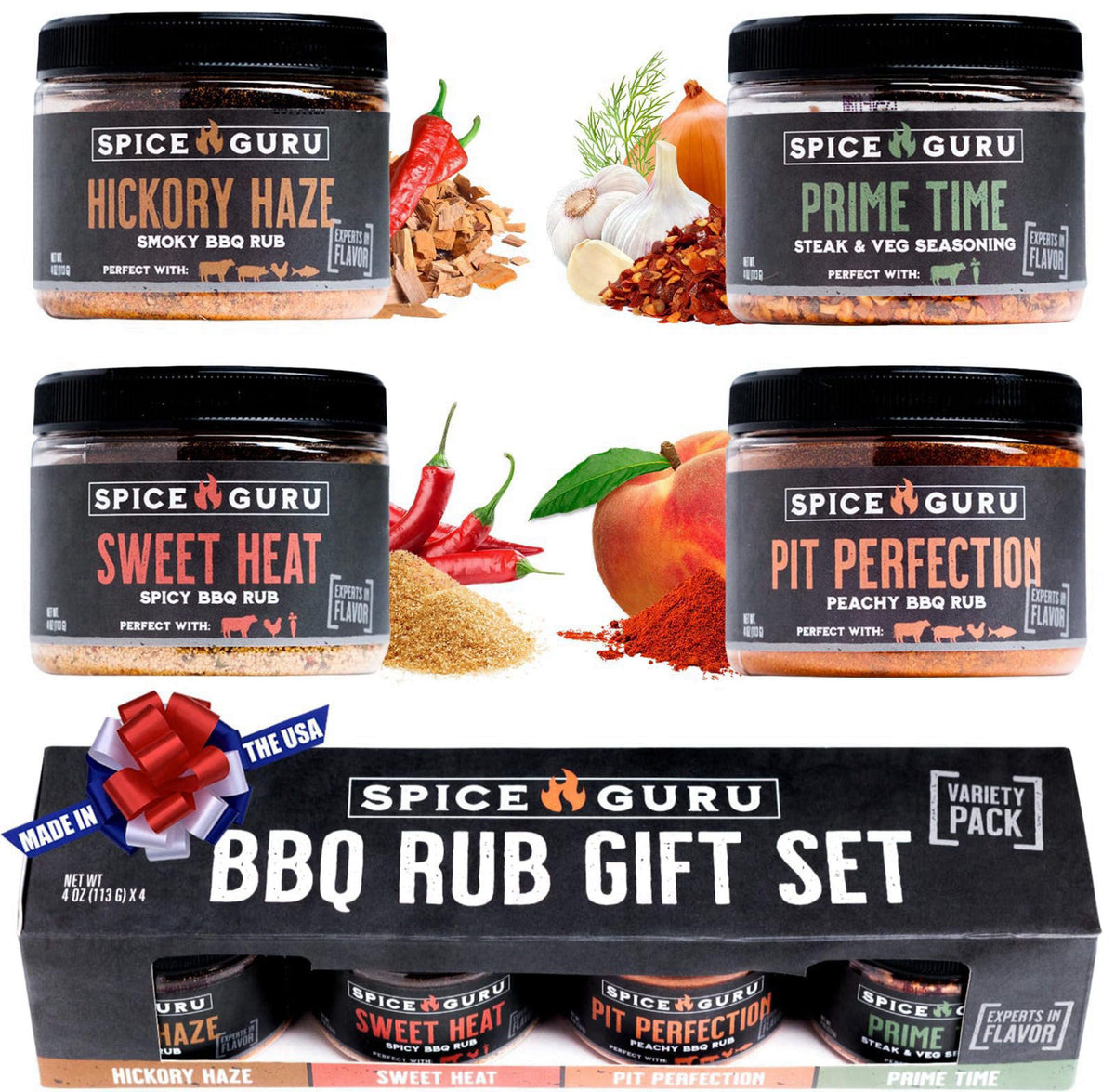 Spice Guru BBQ Rub Gift Set – 4 Flavor Barbecue Seasoning Sampler – Mens Christmas Gifts for Dad, Husband or Brother – P