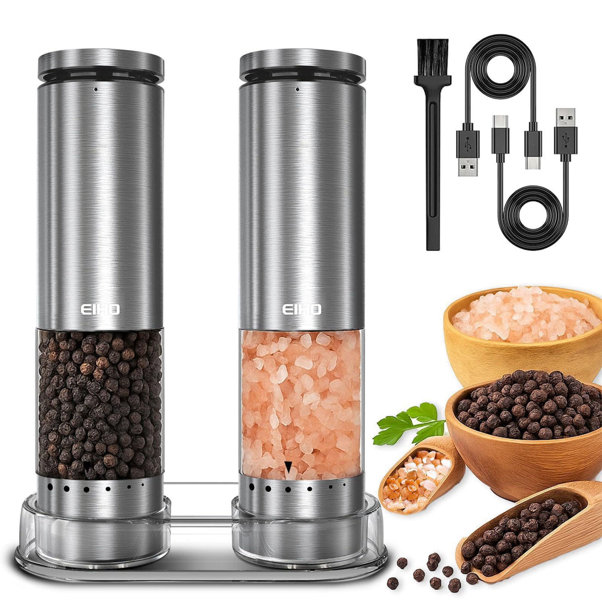 EIHO Electric Salt and Pepper Grinder Set Rechargeable, Automatic Salt and Pepper Shakers Mills External Adjustable Coar