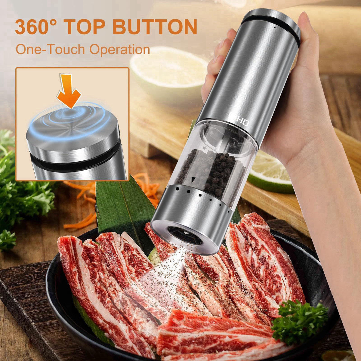EIHO Electric Salt and Pepper Grinder Set Rechargeable, Automatic Salt and Pepper Shakers Mills External Adjustable Coar