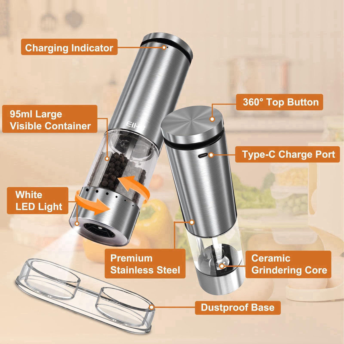 EIHO Electric Salt and Pepper Grinder Set Rechargeable, Automatic Salt and Pepper Shakers Mills External Adjustable Coar