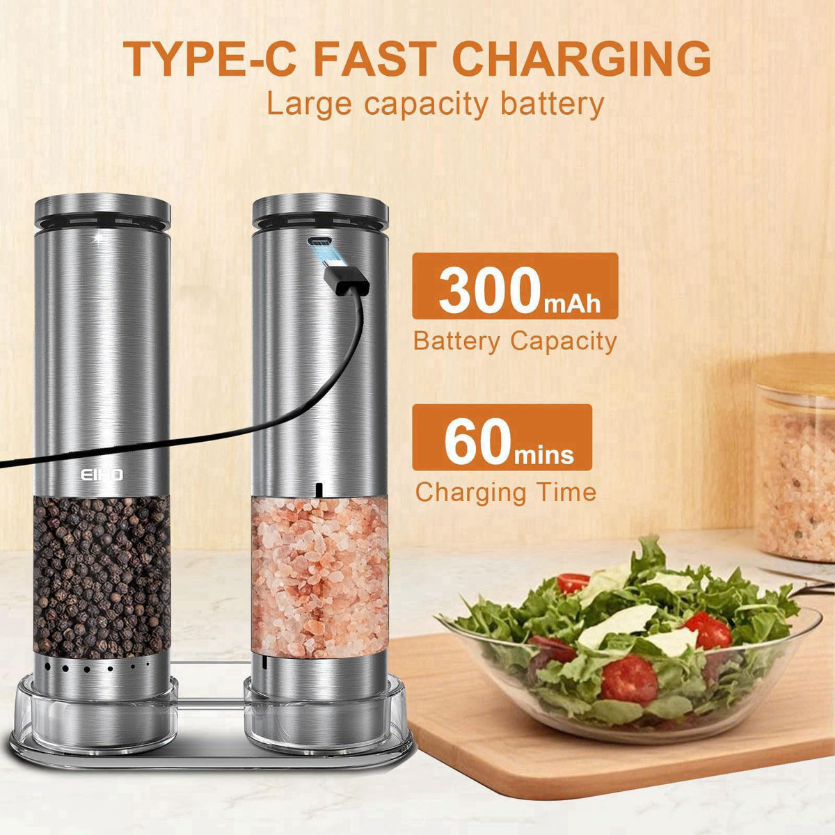EIHO Electric Salt and Pepper Grinder Set Rechargeable, Automatic Salt and Pepper Shakers Mills External Adjustable Coar