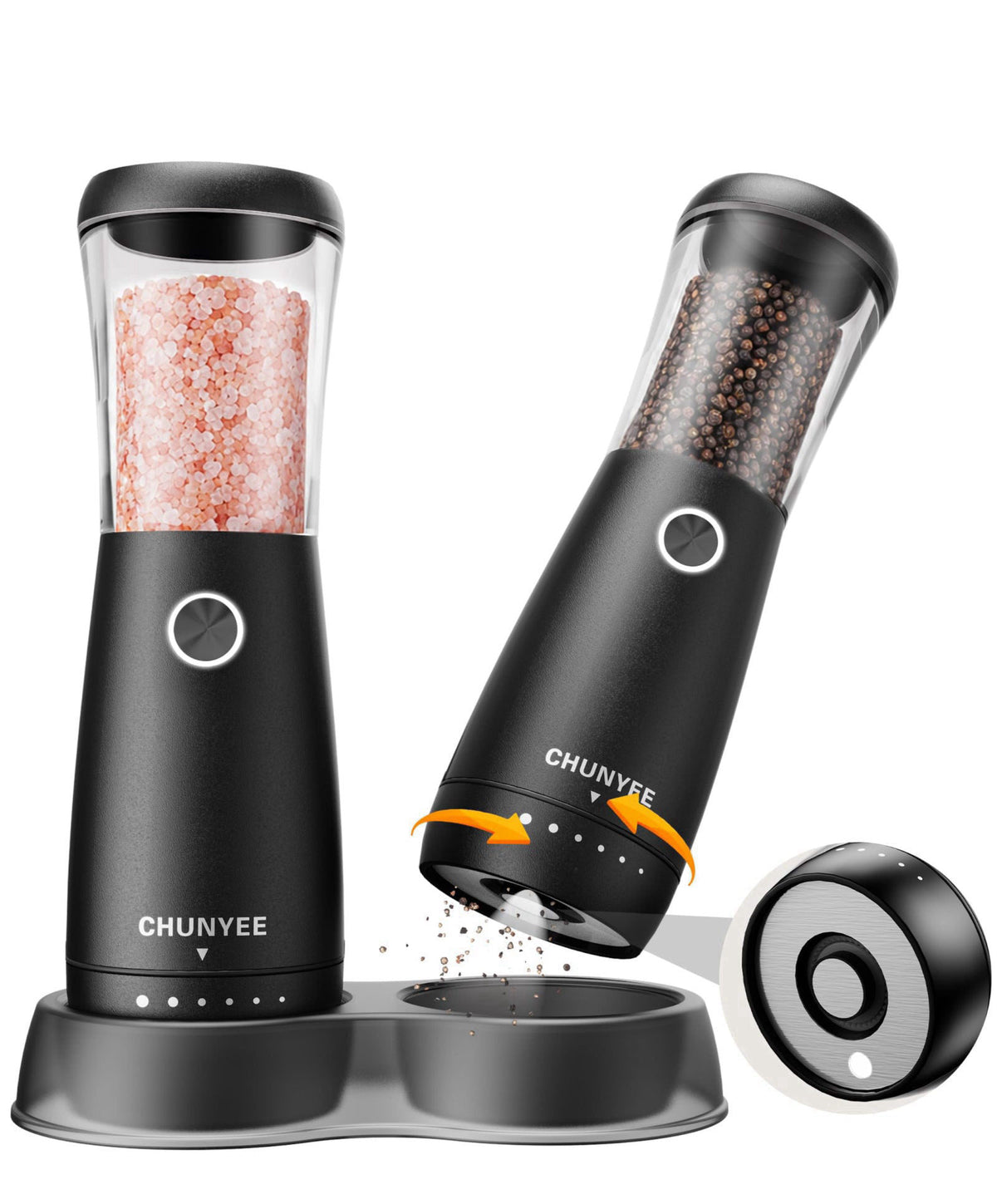 Chunyee Electric Salt and Pepper Grinder Set - Automatic Stainless Steel Rechargeable Salt and Pepper Grinder Set with S