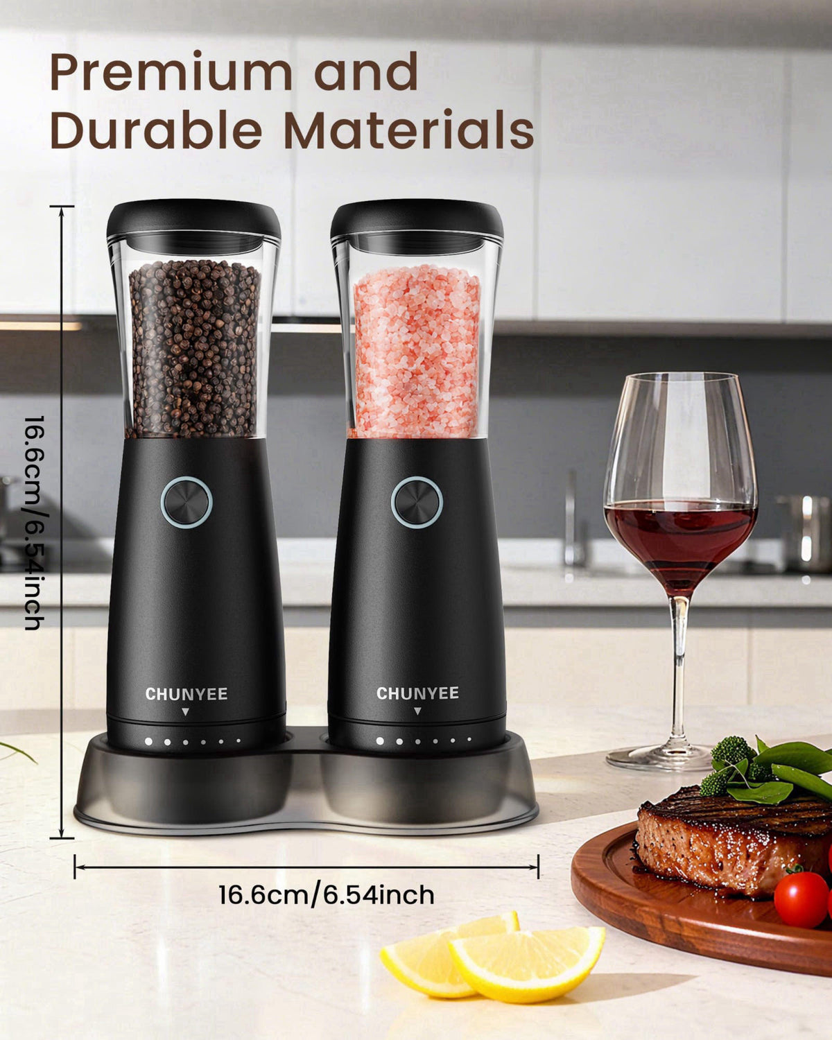 Chunyee Electric Salt and Pepper Grinder Set - Automatic Stainless Steel Rechargeable Salt and Pepper Grinder Set with S
