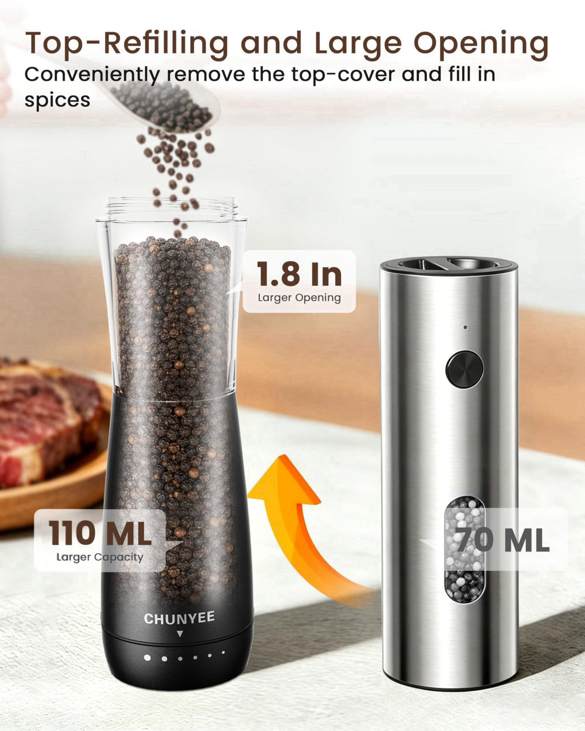 Chunyee Electric Salt and Pepper Grinder Set - Automatic Stainless Steel Rechargeable Salt and Pepper Grinder Set with S