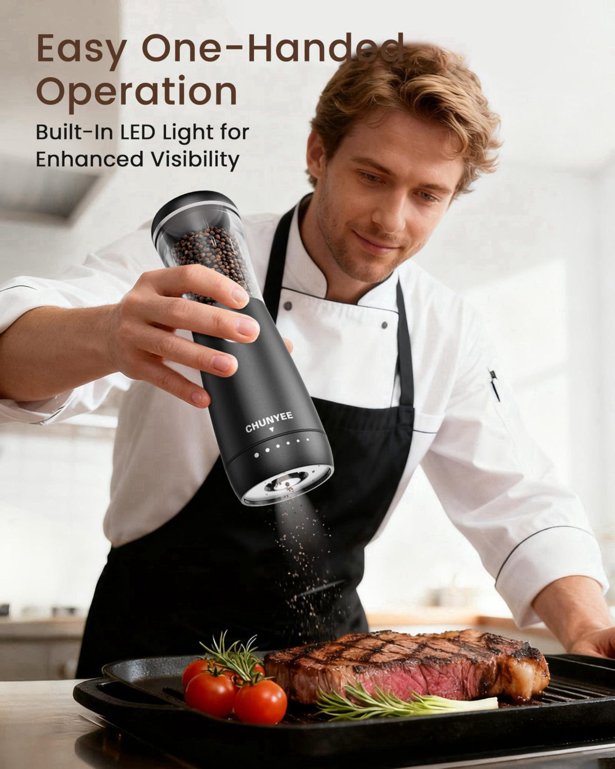 Chunyee Electric Salt and Pepper Grinder Set - Automatic Stainless Steel Rechargeable Salt and Pepper Grinder Set with S