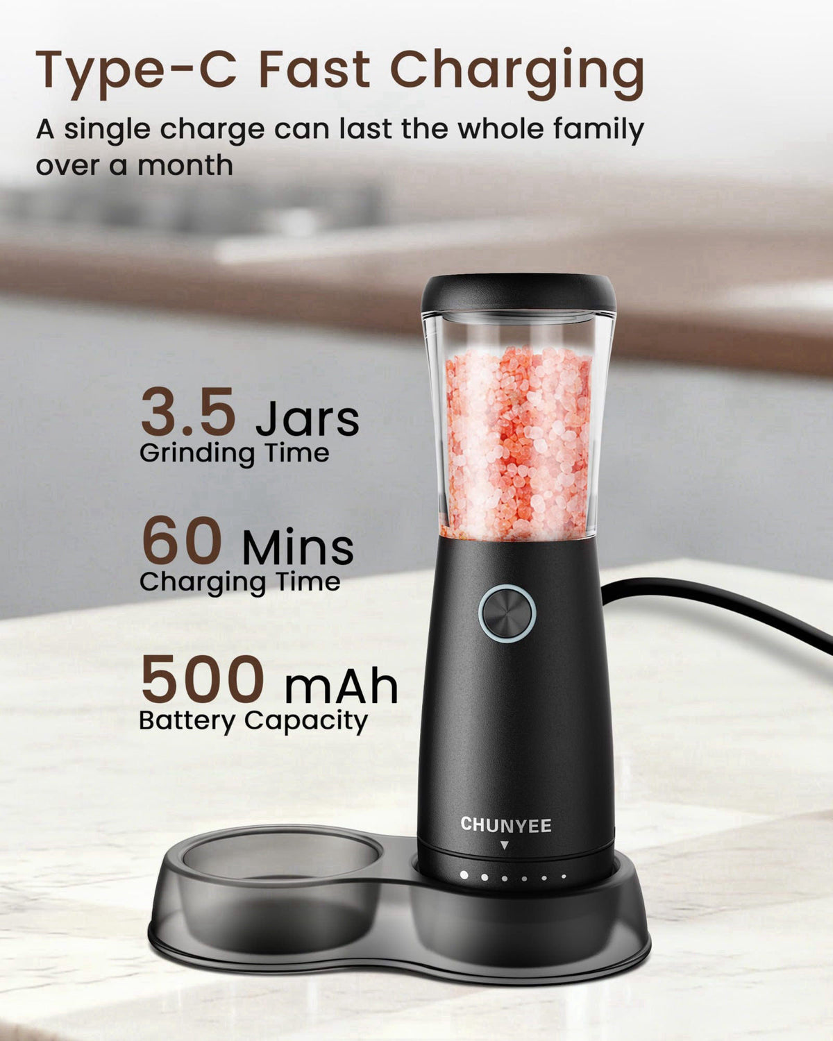 Chunyee Electric Salt and Pepper Grinder Set - Automatic Stainless Steel Rechargeable Salt and Pepper Grinder Set with S