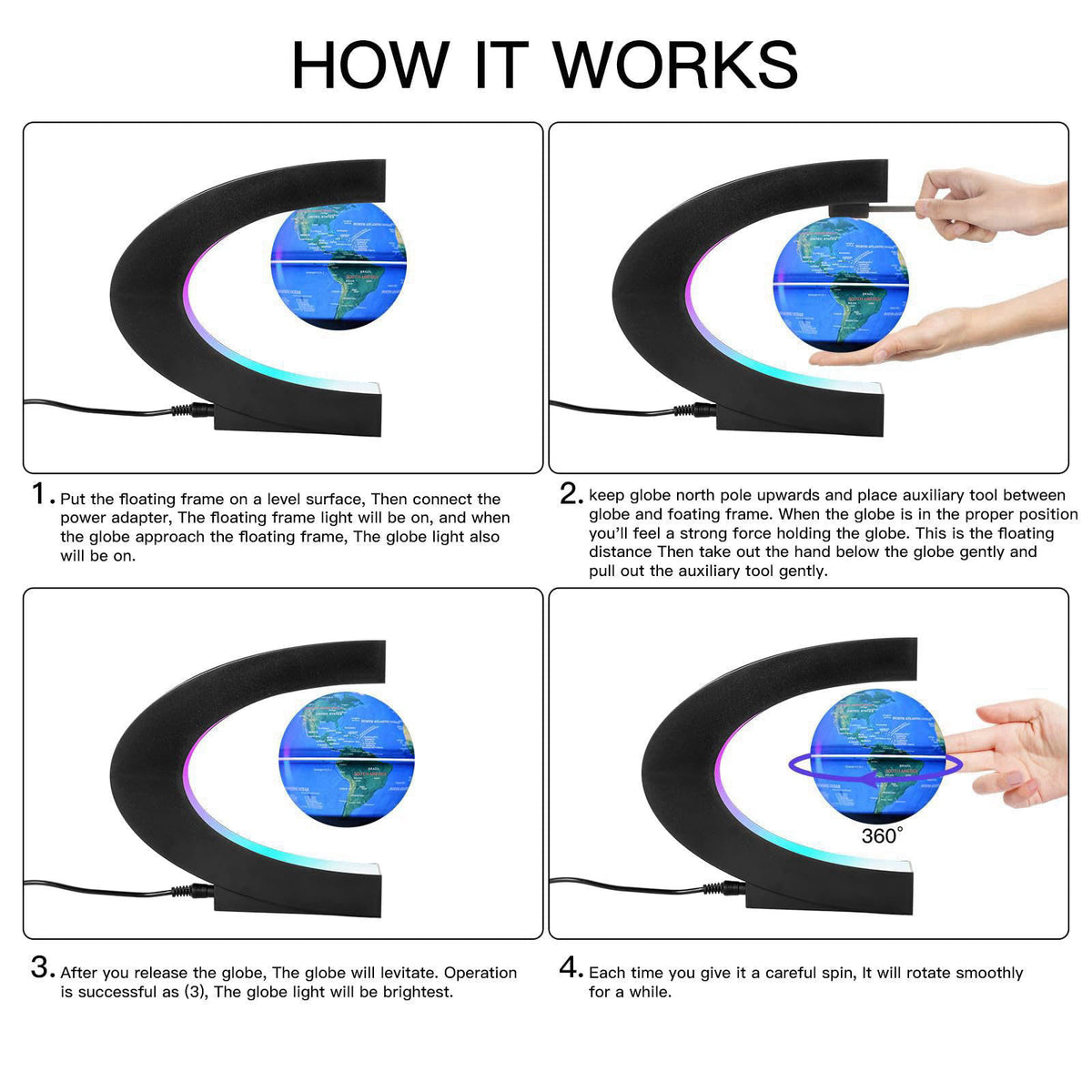 Gresus Upgraded Magnetic Levitation Floating Globe with C Shape Base, Floating World Map Globe with LED Lights, Great Fa