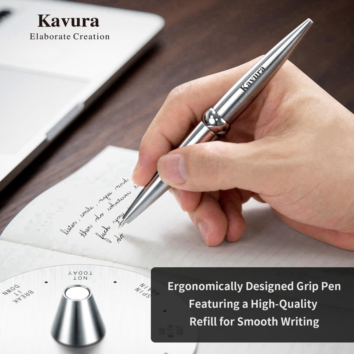 Kavura Spin Decision Maker Pen, Magnetic Desk Fidget Gift for Men – back view and specifications