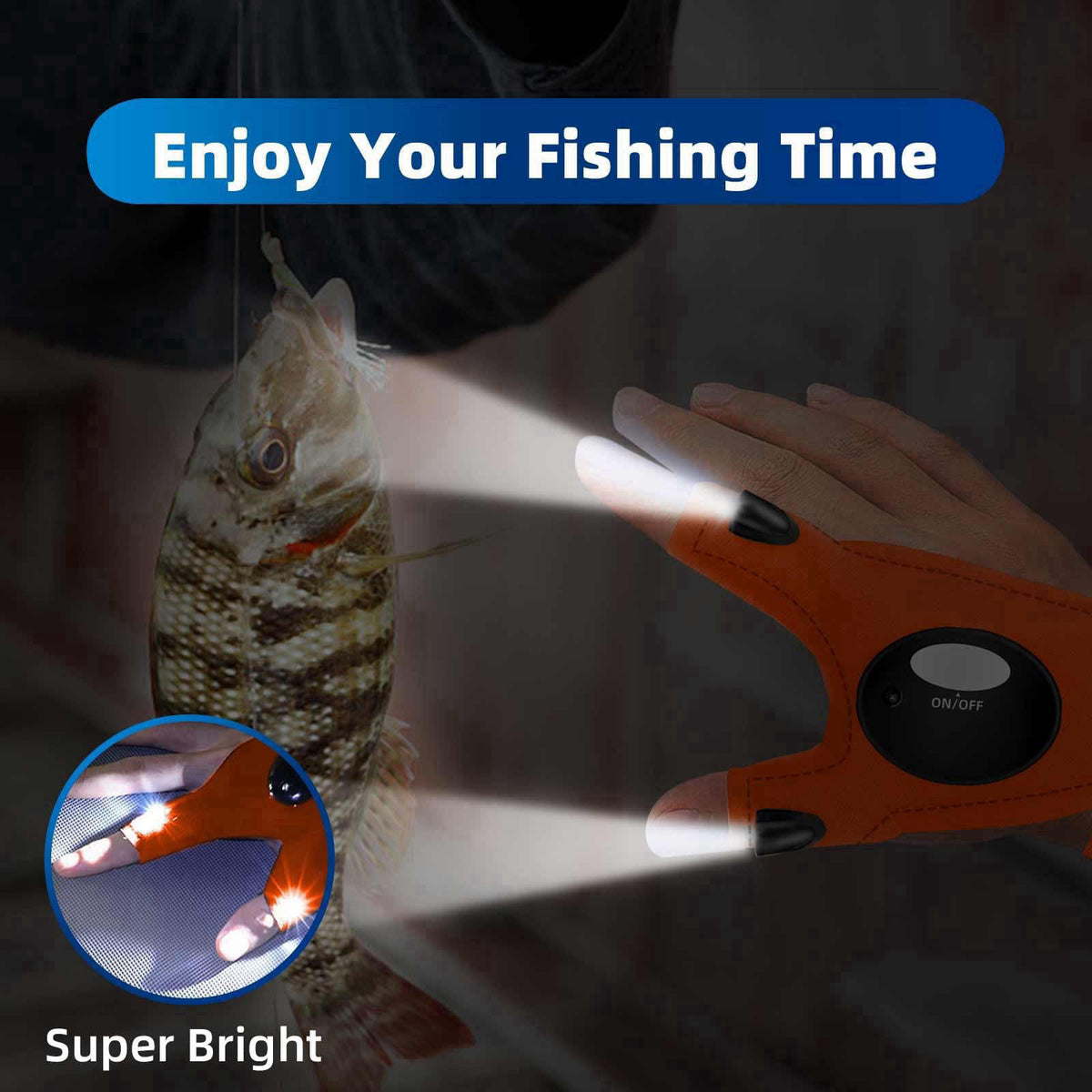 MOIPEJO LED Flashlight Gloves, Stocking Stuffers Gifts for Men Him-Orange – full view, size The adjustable strap can be 
