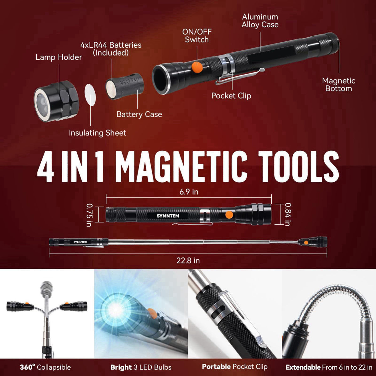 SYMNTEM Telescoping Magnetic Pickup Tool & 6-in-1 Multitool Pen Set, Gifts for Men – close-up detail