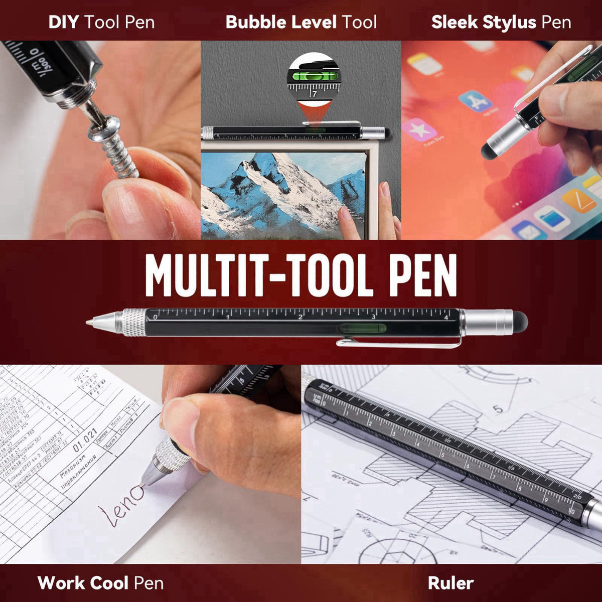 SYMNTEM Telescoping Magnetic Pickup Tool & 6-in-1 Multitool Pen Set, Gifts for Men – back view and specifications