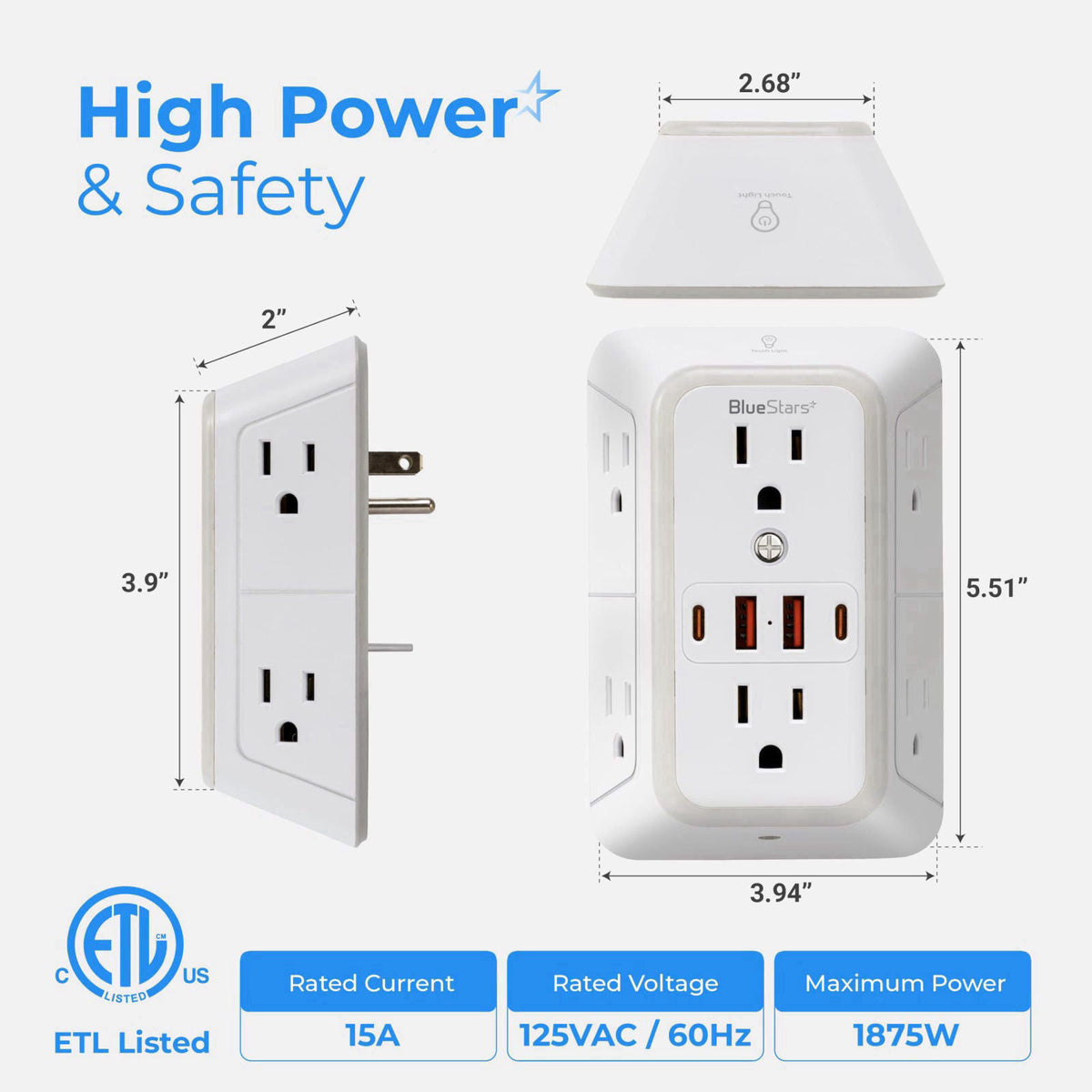 BlueStars Wall Mount Power Strips Wall Charger 6 Outlet Extender 4 USB Ports (5V, 2.4A, 12W) and Night Light 3-Sided Pow