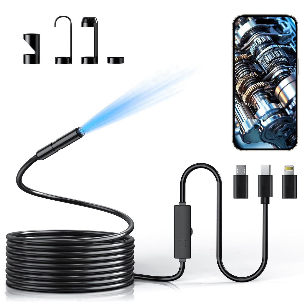 Lewiirobxx Phone Endoscope Camera with Light for iPhone and Android, 1920P Borescope