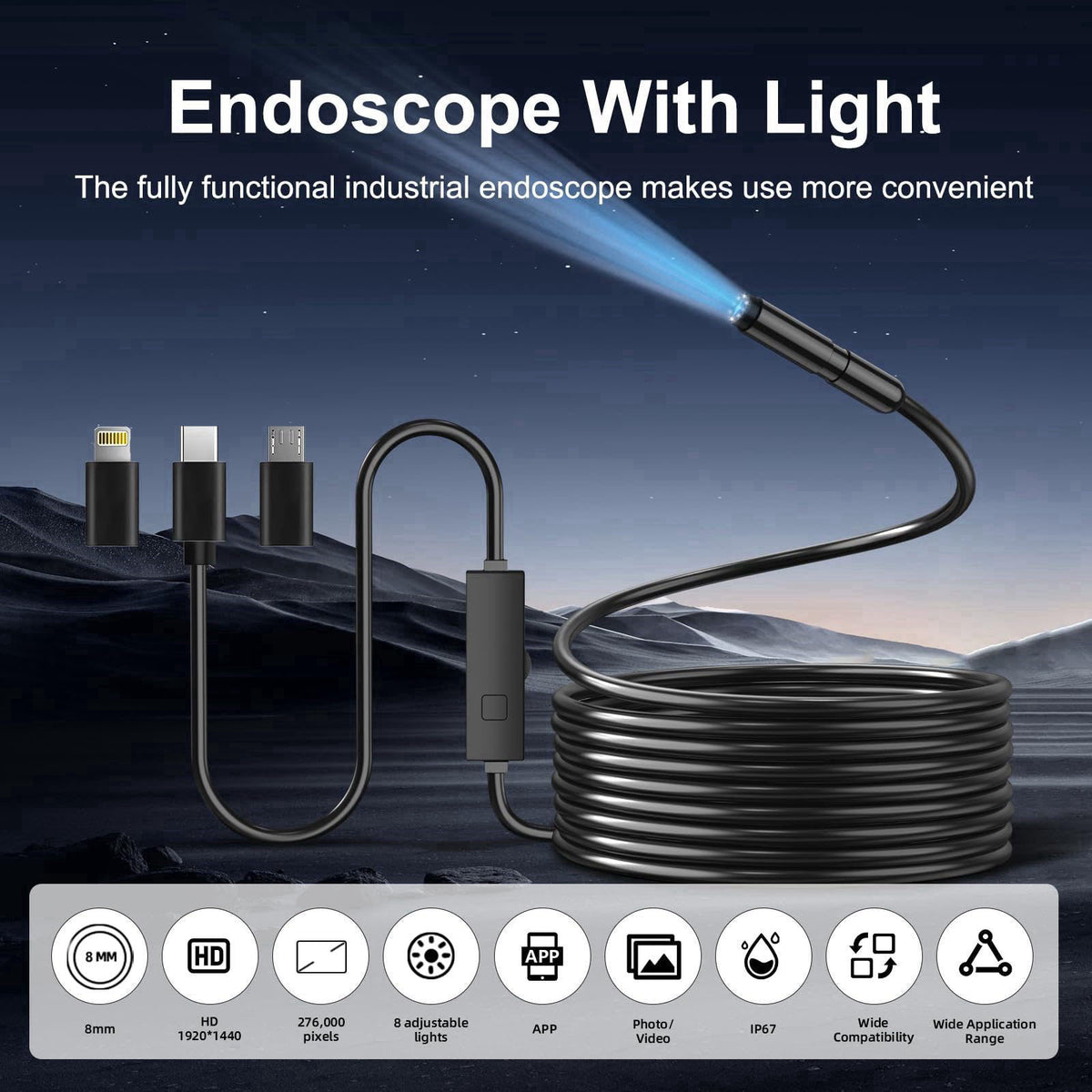Lewiirobxx Phone Endoscope Camera with Light for iPhone and Android, 1920P Borescope – close-up detail