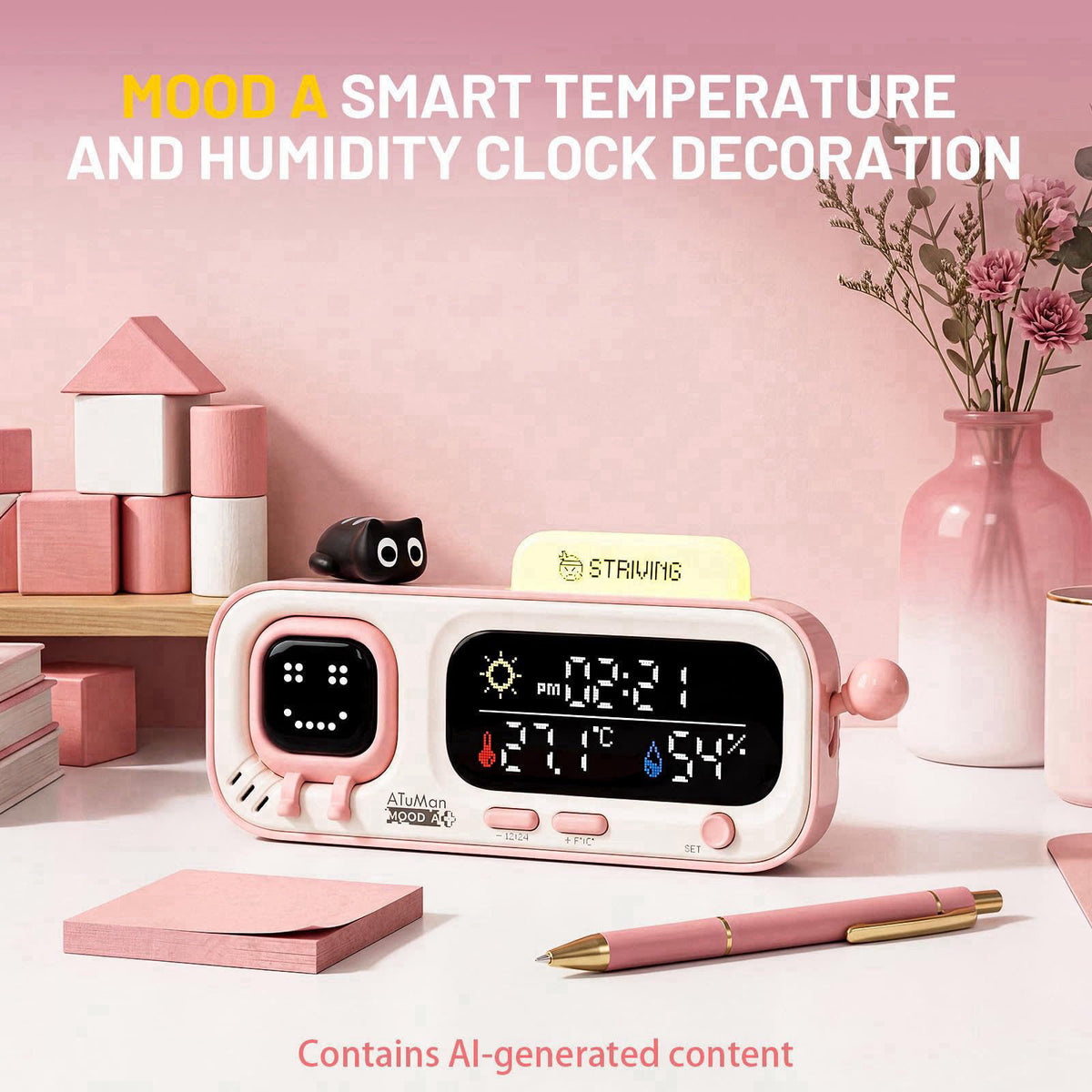 ATuMan Mooda Smart Thermometer Hygrometer Clock with Retro Pixel Display, Cute Animated Expressions, Temperature Humidit