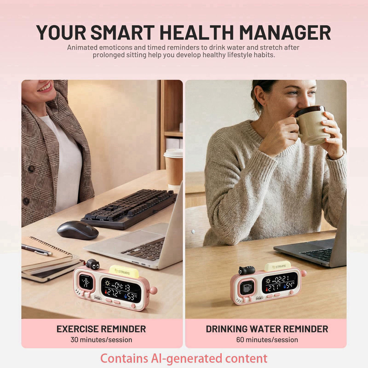 ATuMan Mooda Smart Thermometer Hygrometer Clock with Retro Pixel Display, Cute Animated Expressions, Temperature Humidit