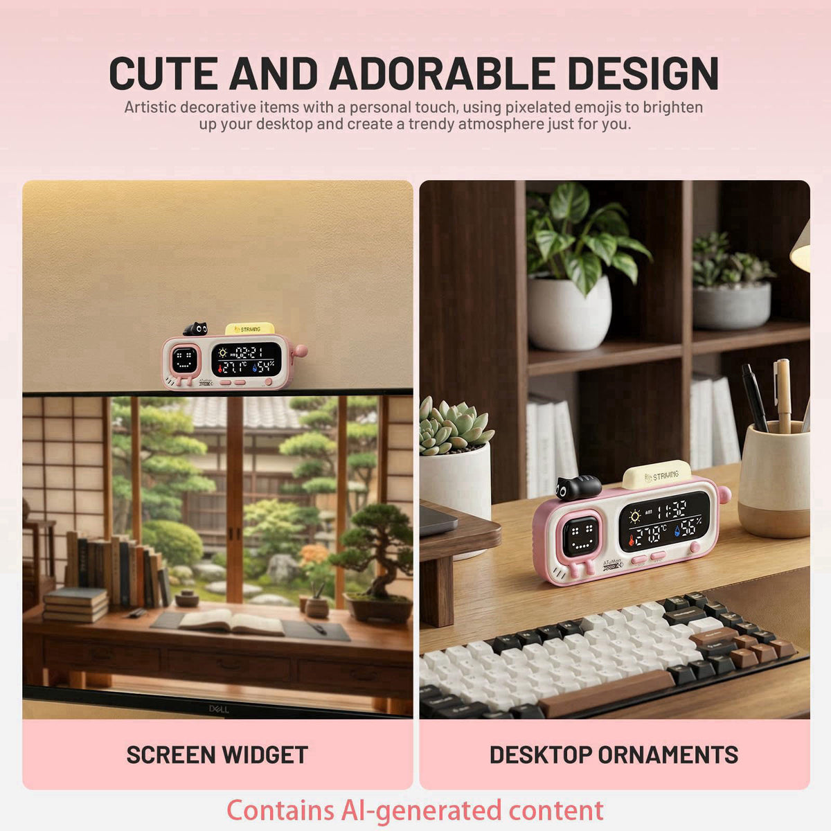 ATuMan Mooda Smart Thermometer Hygrometer Clock with Retro Pixel Display, Cute Animated Expressions, Temperature Humidit
