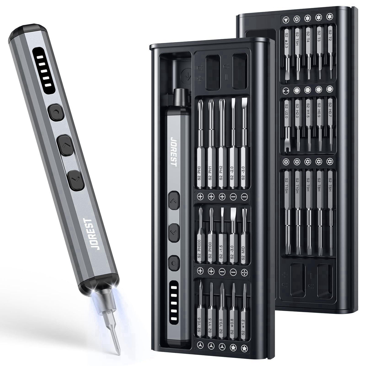 JOREST Mini Electric Screwdriver, Small Cordless Precision Screwdriver set with 38 Magnetic Bits, 5 Torque Settings, Rep