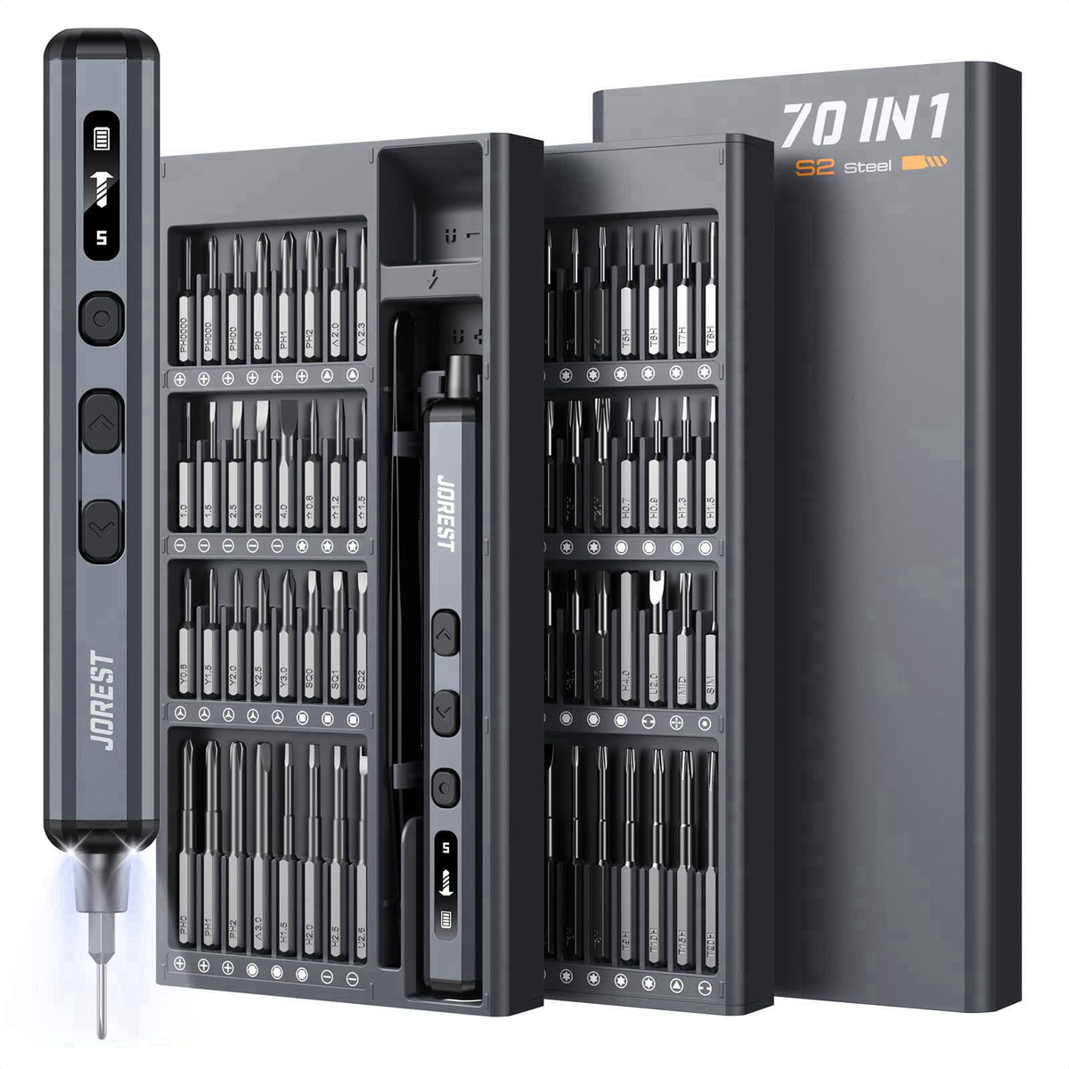 JOREST 70-in-1 Mini Precision Electric Screwdriver Set-64 S2 Magnetic Bits – Grey