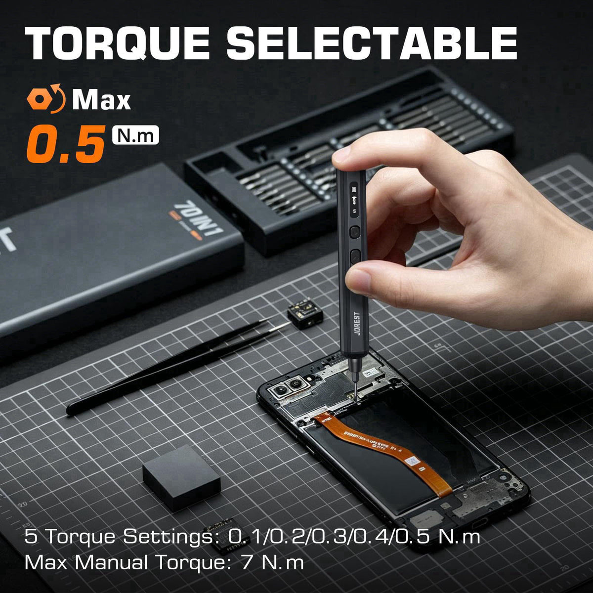 JOREST 70-in-1 Mini Precision Electric Screwdriver Set-64 S2 Magnetic Bits – close-up detail in Grey