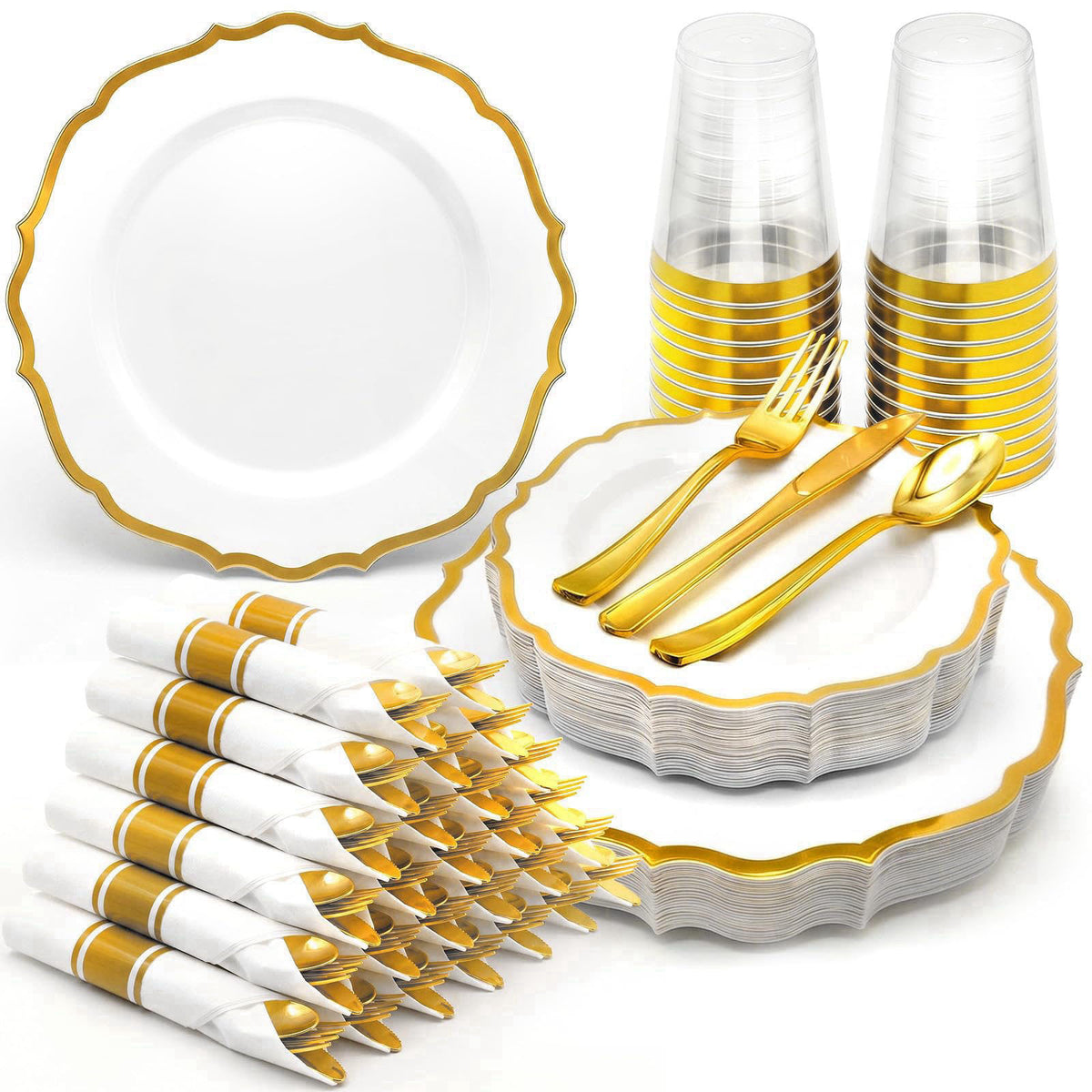 Glowserve 175Pcs Gold Plastic Plates Disposable Party Plates for 25 Guests – Gold Green Ivory White Pink Pink Green Clea
