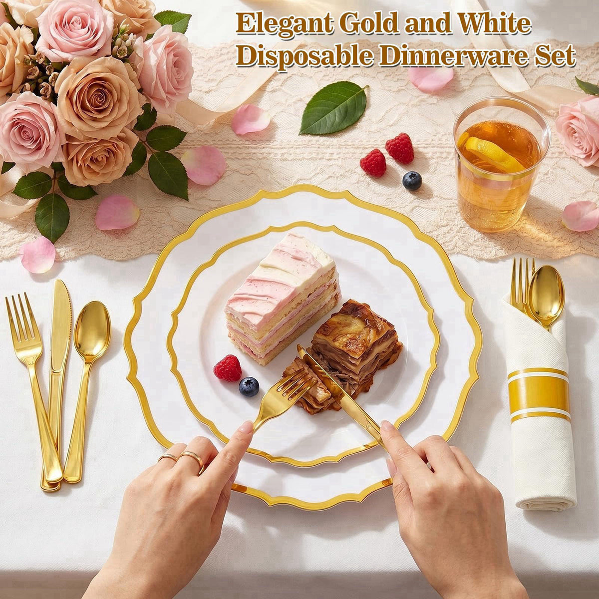 Glowserve 175Pcs Gold Plastic Plates Disposable Party Plates for 25 Guests – close-up detail in Gold Green Ivory White P